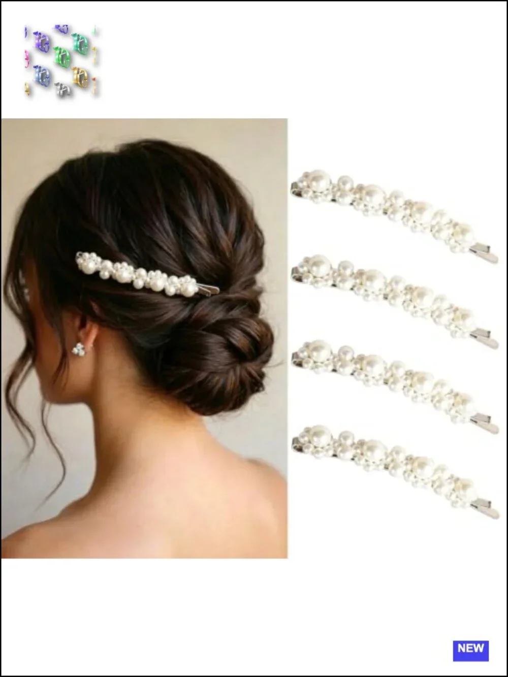 4 White Pearl Hair Clips Barrettes Bundle 3.35 Inch Alligator Style